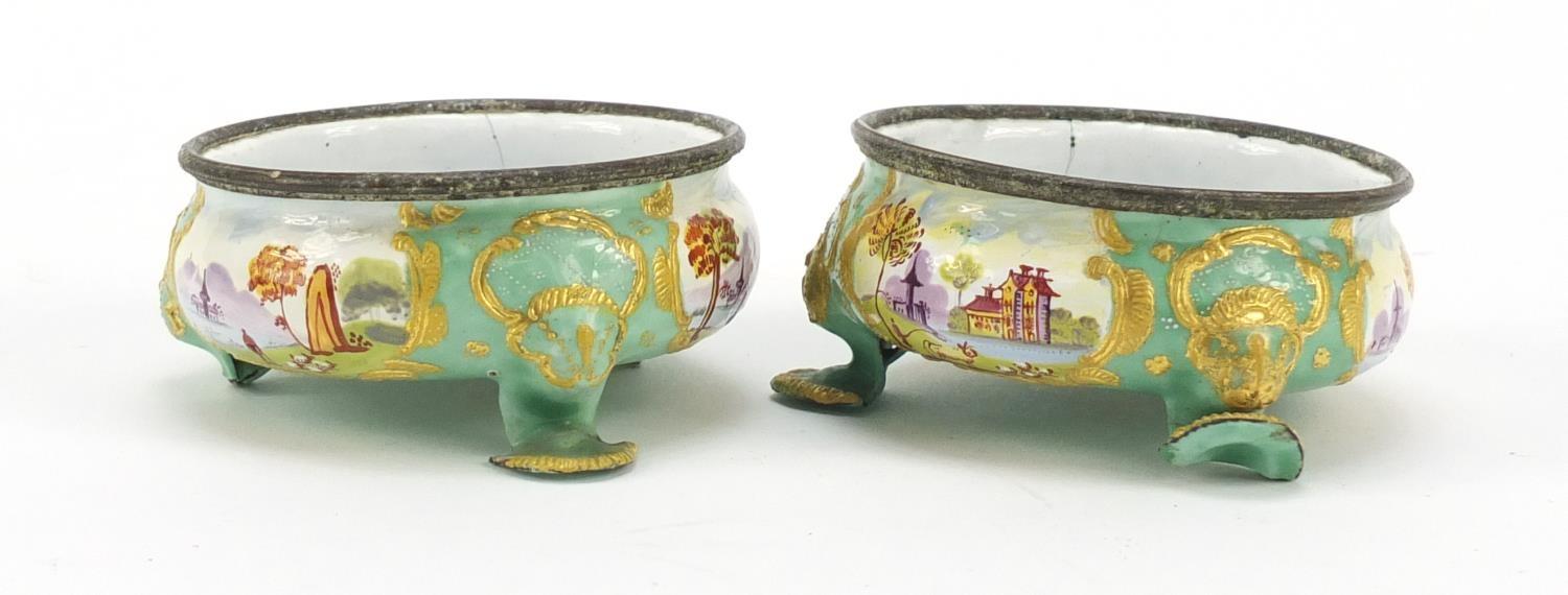 Pair of 19th century French enamel salts, hand painted with panels of farm and landscape scenes, 7cm - Image 4 of 7