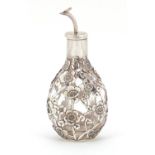 Japanese silver overlaid rosewater sprinkler with clear glass body, impressed 950 Sterling to the