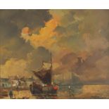 W Van Norden - Dutch boat moored at low tide, signed oil on canvas, mounted and framed, 59cm x