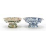 Two Chinese porcelain pedestal dishes hand painted with flowers, the largest 11cm in diameter :
