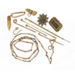 9ct gold and gold coloured metal jewellery including a Georgian mourning brooch and necklaces, 18.0g