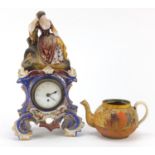 Clarice Cliff Bizarre Crocus teapot and a Continental porcelain clock, the largest 34cm high : For