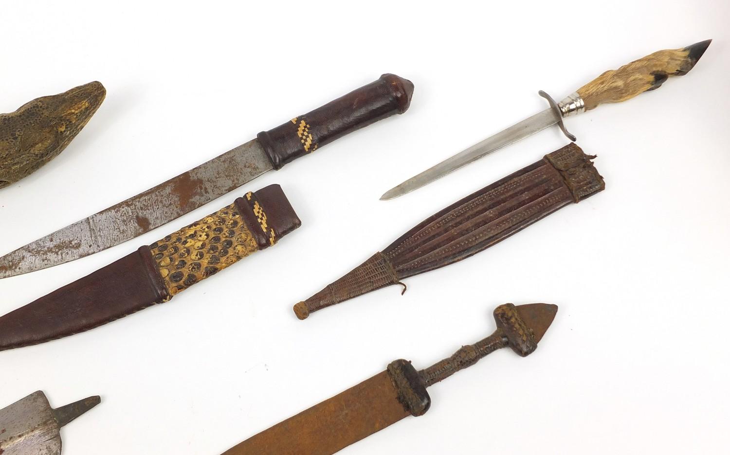 Seven daggers including a taxidermy interest example with lizard head handle, the largest 35cm in - Image 4 of 9