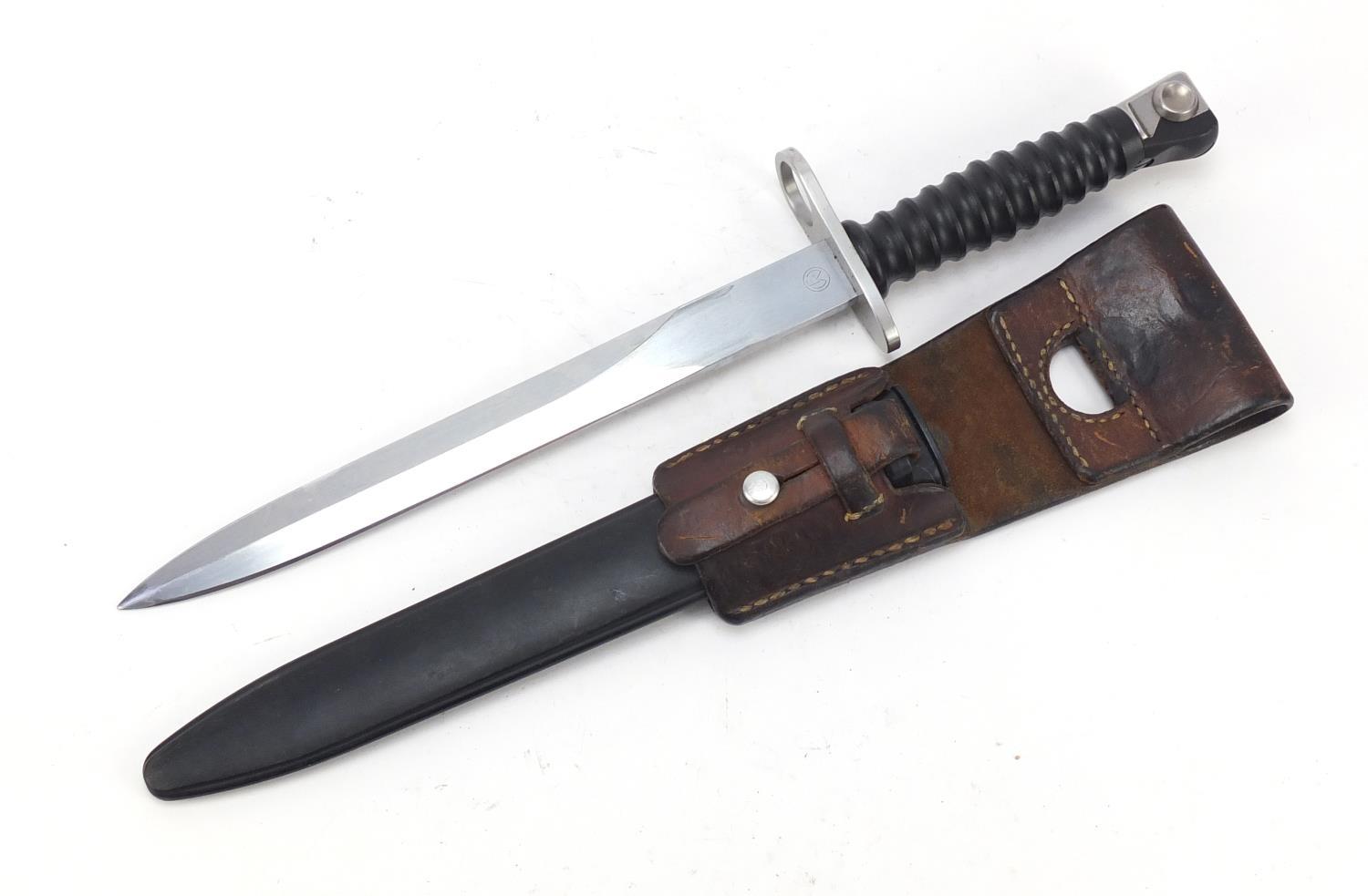 German military interest bayonet with scabbard and leather frog, 38cm in length : For Further - Image 3 of 8