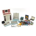 Costume jewellery including necklaces, brooches, bracelets and a jewellery display stand box : For