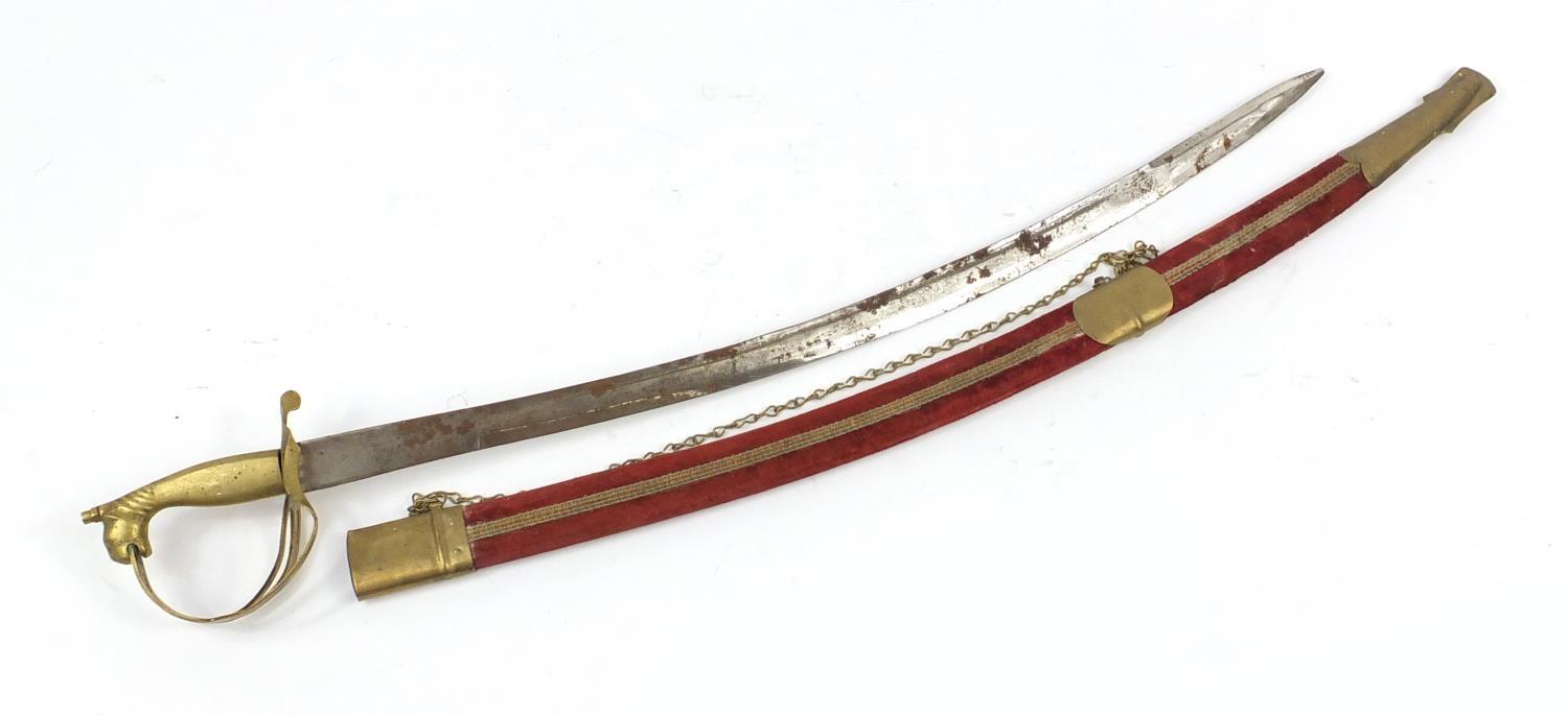 Brass ceremonial dress sword with red velvet scabbard and engraved stell blade, 96cm long : For - Image 2 of 11