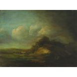 Landscape, Old Master style oil housed in an embossed Art Nouveau type brass frame, 40cm x 30cm