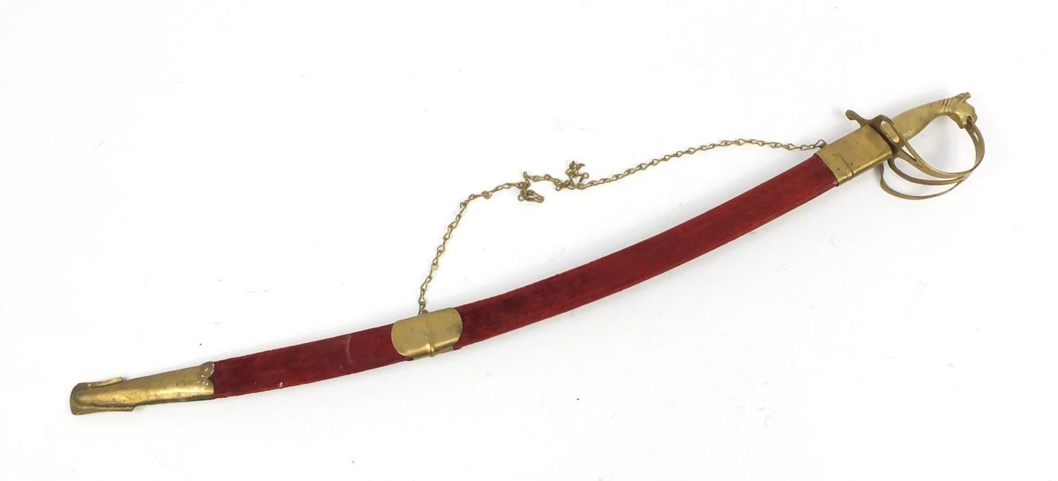 Brass ceremonial dress sword with red velvet scabbard and engraved stell blade, 96cm long : For - Image 11 of 11