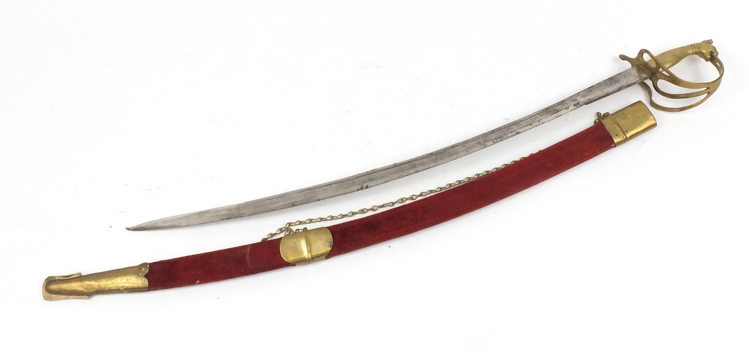 Brass ceremonial dress sword with red velvet scabbard and engraved stell blade, 96cm long : For - Image 4 of 11