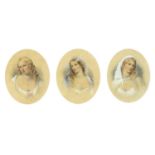 A V Hobson 1863 - Young female, set of three 19th century heightened watercolours, mounted, framed