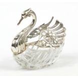 Cut glass and sterling silver table salt in the form of a swan with articulated wings, 12.5cm high :