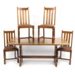 Oak refectory dining table and four chairs, the table 74cm H x 167cm W s 81cm D : For Further