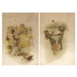 Figure skating and one other, two 19th century watercolour on silks, unframed, each 37cm x 22.