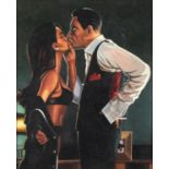 After Jack Vettriano - Two figures in an interior, oil on board, framed, 50cm x 39cm excluding the