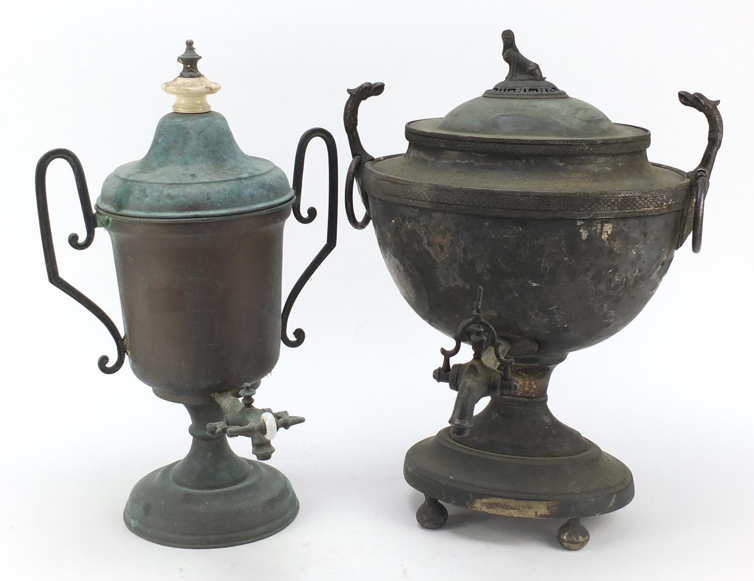 Two early 20th century samovars including one with female knop, the largest 43cm high : For