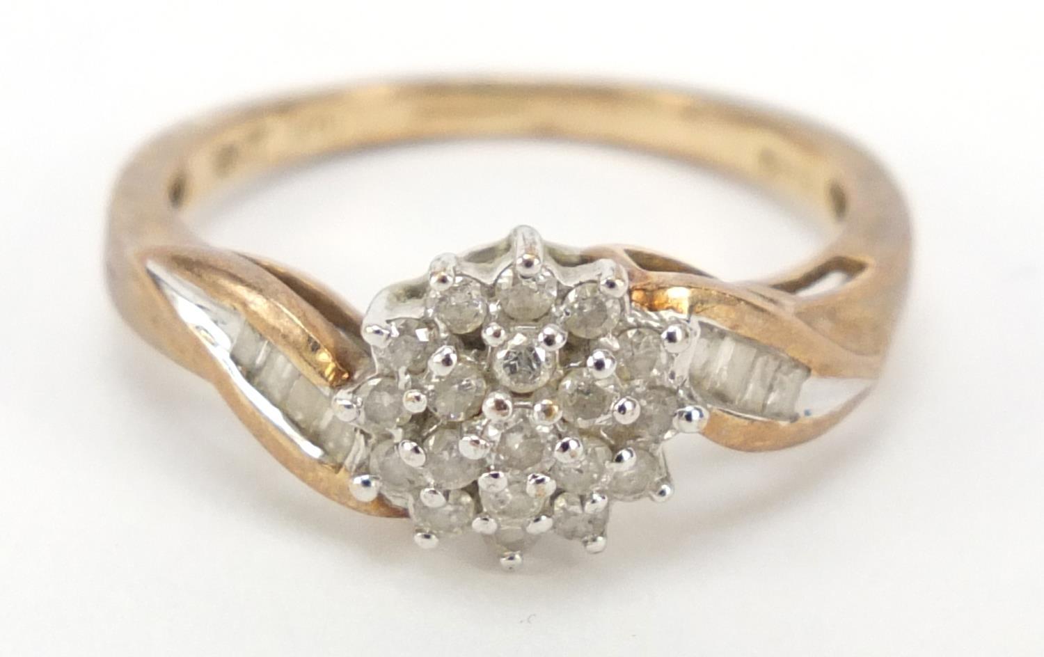 9ct gold diamond cluster ring with baguette diamond shoulders, size M, 2.2g : For Further