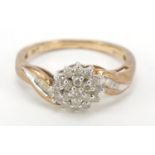 9ct gold diamond cluster ring with baguette diamond shoulders, size M, 2.2g : For Further