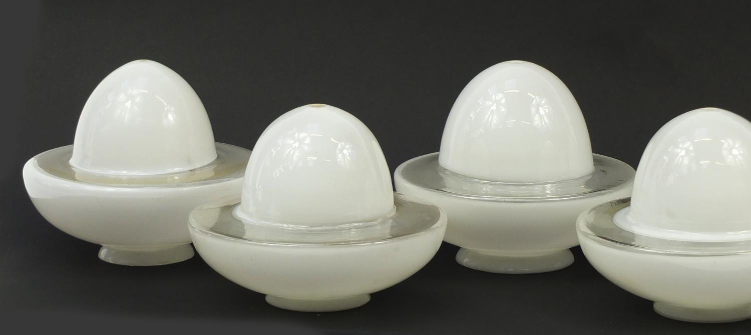 Set of six Art Deco opaque and clear glass light pendants with fittings, each 25cm in diameter : For - Image 2 of 11