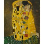 After Gustav Klimt - The kiss, oil on board, framed, 59.5cm x 49.5cm excluding the frame : For