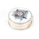 Circular sterling silver patch box, the hinged lid with enamelled Masonic emblem, 2.6cm in diameter,