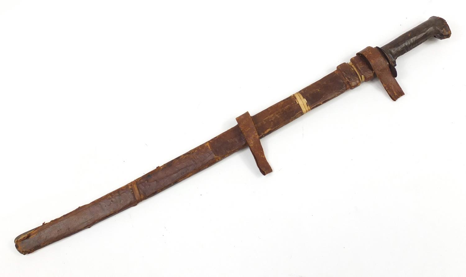 African cane with carved bone figural handle and a steel bladed sword with leather sheaf, the - Image 6 of 6