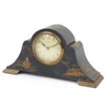 Chinoiserie lacquered eight day mantle clock gilded with figures, 30cm in length : For Further