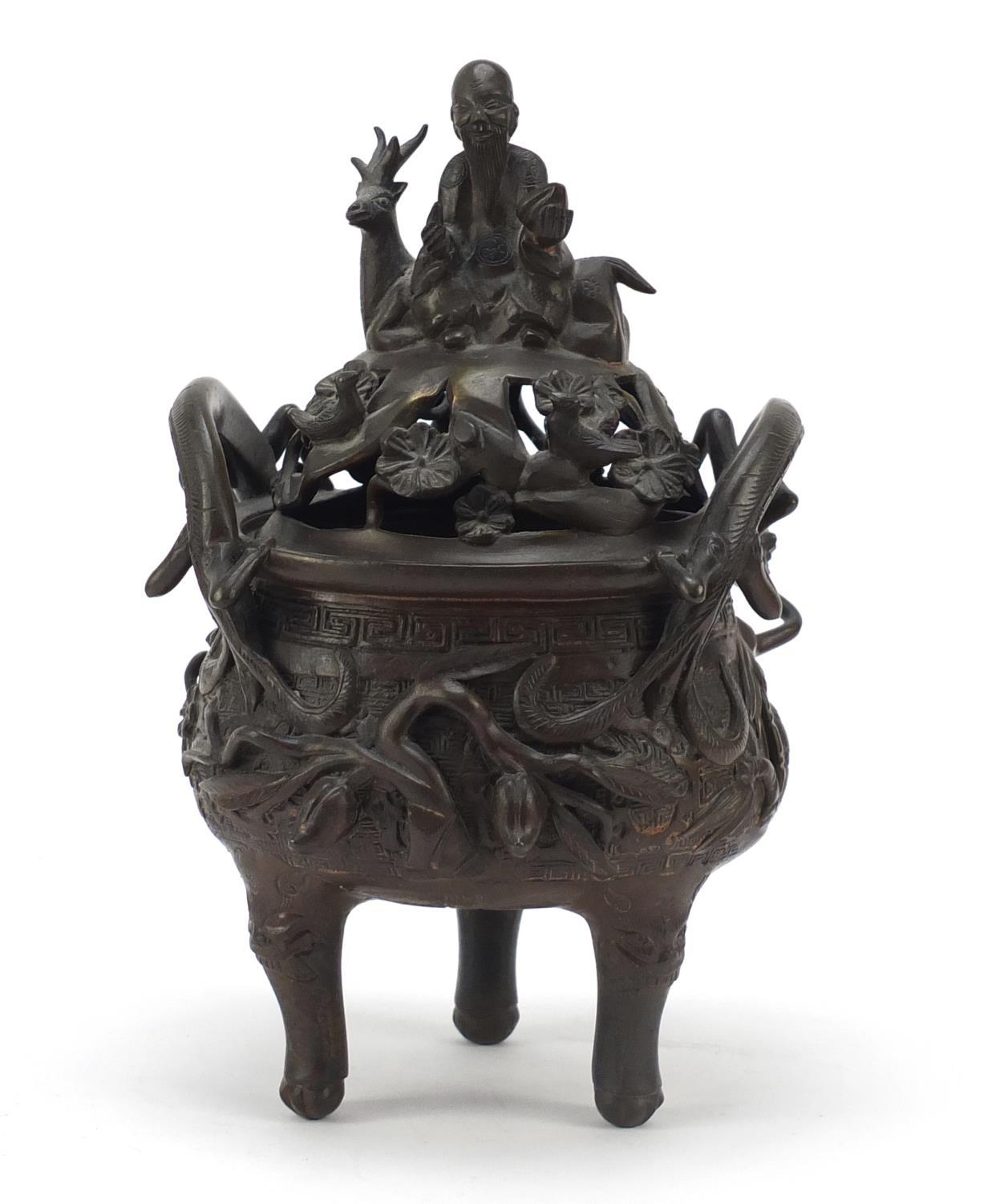 Chinese patinated bronze tripod censer with figural cover, 27cm high : For Further Condition Reports
