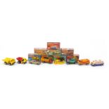 Eight vintage Matchbox die cast vehicles with boxes comprising numbers 26, 55, 58, 64, 65, 68, 71