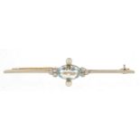 Unmarked gold aquamarine, diamond and seed pearl bar brooch, 5.5cm in length, 3.4g : For Further