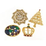 Four vintage and later brooches including an enamelled coronation crown, the largest 5cm high :