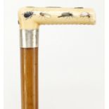 Malacca walking stick with Japanese Shibayama handle inlaid with insects, 87cm in length : For