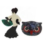 Two Art Deco design brooches in the form of a flamenco dancer and an owls head, the largest 9cm high