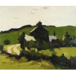 Cottage before hills, Welsh school oil on canvas, framed, 60cm x 49.5cm excluding the frame : For