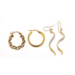 Pair of 9ct gold earrings and two 9ct gold hoop earrings, 3.0g : For Further Condition Reports