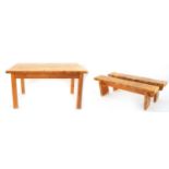 Rectangular pine farmhouse dining table and two benches, the table 79cm H x 150cm W x 84cm D : For