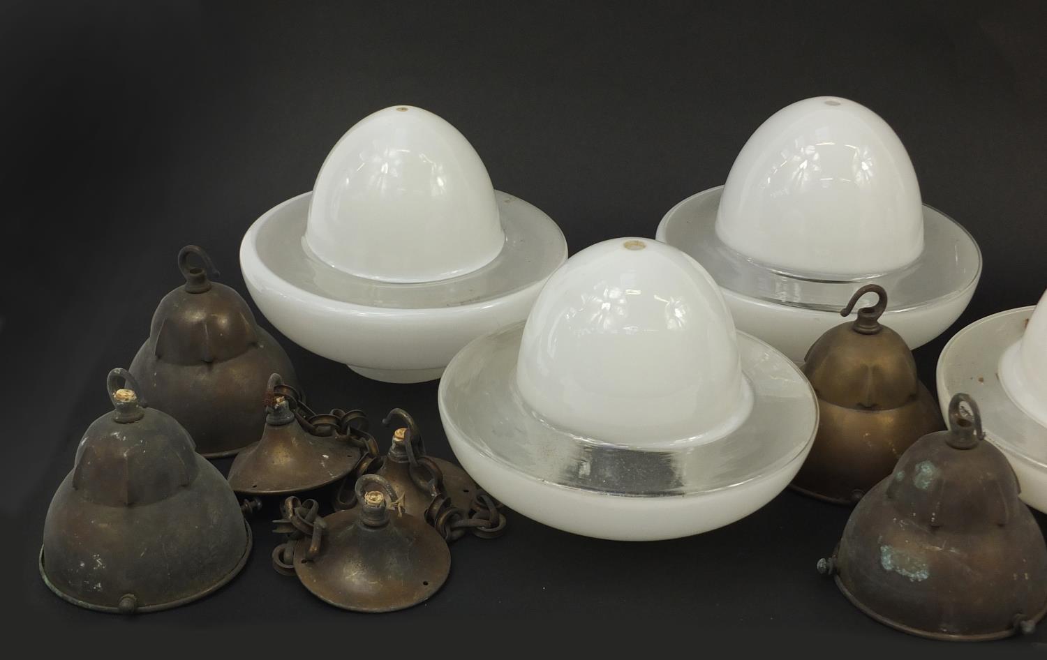 Set of six Art Deco opaque and clear glass light pendants with fittings, each 25cm in diameter : For - Image 10 of 11