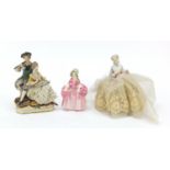 Royal Doulton Bo Peep figurine together with a Continental figure group and pin cushion, the largest