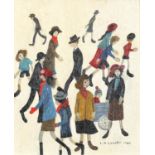 After Laurence Stephen Lowry - Figures walking around, oil on canvas, mounted and framed, 29cm x