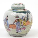 Large Chinese porcelain ginger jar with cover hand painted in the famille rose palette with