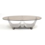 1960's Heals design coffee table with smoked glass top and polished metal base, 32cm H x 120cm W x