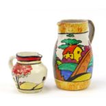 Two Art Deco hand painted jugs by J Hanson, the largest 17.5cm high : For Further Condition