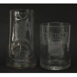 Meredith Andrew glass ice pail and a Old Brown Bear Brewery Deptford glass jug, the largest 21cm