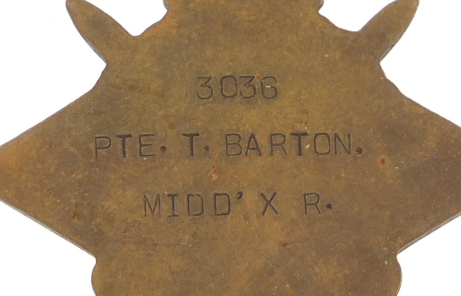 British military World War I 1914-18 Star awarded to 3036PTE.T.BARTON.MIDD'XR. (Royal Flying - Image 3 of 4