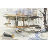 A R Bowyen, stream before building, watercolour, mounted, framed and glazed, 40cm x 27cm excluding