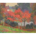 Alan Leishman - Trees in a park, autumn, oil on board, label verso, mounted and framed, 29cm x