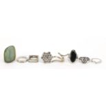 Eight silver and white metal rings, some set with semi precious stones, various sizes, 52.5g : For