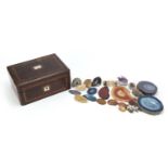 Victorian inlaid walnut box and stone specimens including agate and amethyst, the box 11.5cm H x