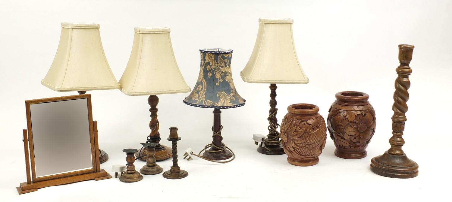 Wooden ware including and Art Deco swing mirror, three carved oak barley twist lamps with shades and