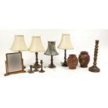 Wooden ware including and Art Deco swing mirror, three carved oak barley twist lamps with shades and