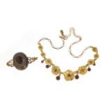 Vintage Danish gold coloured metal and purple stone necklace and an agate brooch, the necklace